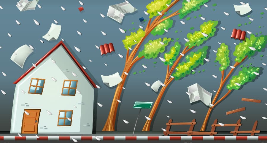 Illustration of a storm affecting a house and surrounding environment