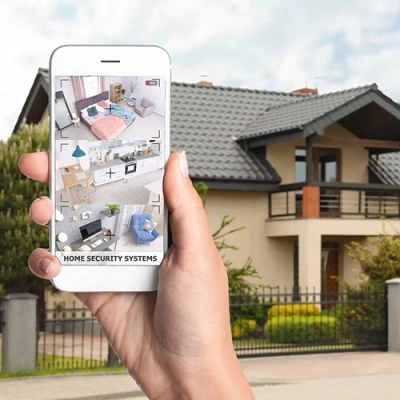 Santa Clarita vivint phone display of cctv live feed in front of a house